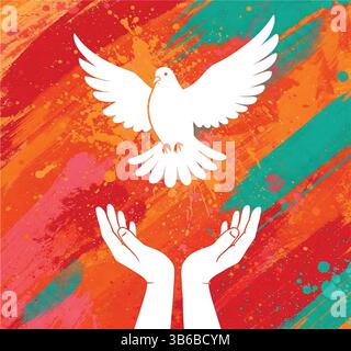 A white dove ascends from outstretched hands against a colorful backdrop Stock Vector