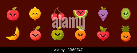 Cute pixel fruit set apple lemon cherry. Pixel character fruit watermelon kiwi and orange. Stock Vector