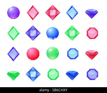 Pixel gemstone set. Vibrant jewels retro-style pixel diamond ruby design sapphire. Stock Vector