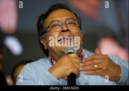 March 13, 2022, Bogota, Cundinamarca, Colombia: Presidential candidate Gustavo Petro speaks at an event after the 2022 Congressional elections in Colombia, on March 13, 2022, in Bogota, Colombia. Petro won his coalition consultation with over 4 million votes. (Credit Image: © Sebastian Barros/LongVisual via ZUMA Press Wire) Stock Photo