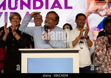 March 13, 2022, Bogota, Cundinamarca, Colombia: Presidential candidate Gustavo Petro speaks at an event after the 2022 Congressional elections in Colombia, on March 13, 2022, in Bogota, Colombia. Petro won his coalition consultation with over 4 million votes. (Credit Image: © Sebastian Barros/LongVisual via ZUMA Press Wire) Stock Photo