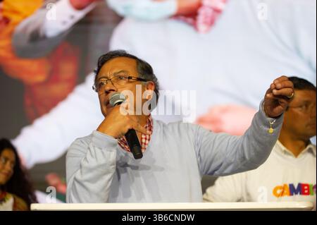 March 13, 2022, Bogota, Cundinamarca, Colombia: Presidential candidate Gustavo Petro speaks at an event after the 2022 Congressional elections in Colombia, on March 13, 2022, in Bogota, Colombia. Petro won his coalition consultation with over 4 million votes. (Credit Image: © Sebastian Barros/LongVisual via ZUMA Press Wire) Stock Photo