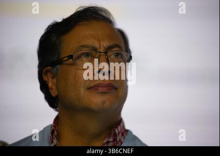 March 13, 2022, Bogota, Cundinamarca, Colombia: Presidential candidate Gustavo Petro speaks at an event after the 2022 Congressional elections in Colombia, on March 13, 2022, in Bogota, Colombia. Petro won his coalition consultation with over 4 million votes. (Credit Image: © Sebastian Barros/LongVisual via ZUMA Press Wire) Stock Photo