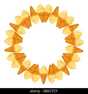 Cartoon ice cream round frame with vanilla waffle cones. Vector isolated illustration on white background Stock Vector