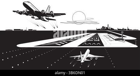 Passenger airplanes over two runways airport – vector illustration Stock Vector
