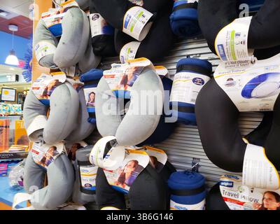 Long Beach, California, United States - 09-07-2019: A view of several travel pillows on sale at an airport convenient store. Stock Photo