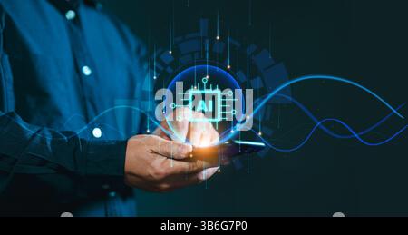 Businessman using a smartphone for a digital chatbot, ai smart robot application and conversation assistant, an AI (artificial intelligence) concept, Stock Photo