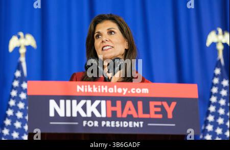 March 6, 2024: Republican presidential candidate NIKKI HALEY is ending her campaign, ceding the nomination to D. Trump and setting up a rematch of the 2020 election against President Biden. FILE PHOTO SHOT ON: February 24, 2024, Charleston, South Carolina, USA: Republican presidential candidate and former U.N. ambassador NIKKI HALEY delivers her South Carolina primary night remarks at the Charleston Place Hotel hotel after losing the primary to the Former president and current republican presidential candidate Trump. (Credit Image: © Maxwell Vittorio/ZUMA Press Wire) Stock Photo