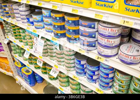 Los Angeles, California, United States - 11-18-2019: A view of several brands of canned tuna on display at a local grocery store. Stock Photo
