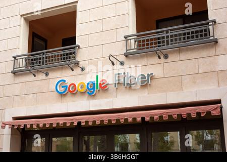 Los Angeles, California, United States - 12-22-2019: A view of a store front sign for Google Fiber. Stock Photo