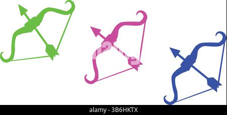 Captivating array of vibrantly colored archery bows and arrows, evoking a sense of precision, skill, and competitive spirit. Stock Vector