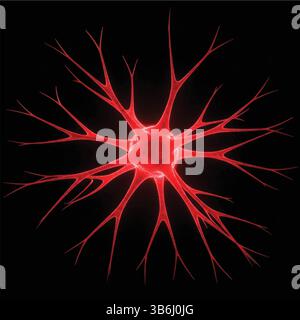 A glowing red neuron against a stark black backdrop. The neuron's branches extend outwards like a radiant star Stock Vector