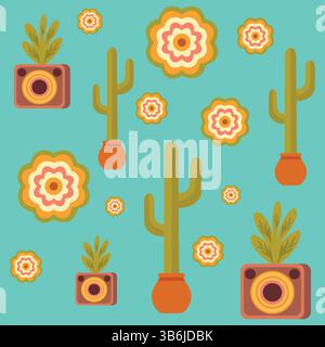 hippie style seamless pattern flat vector with vibrant colors featuring cacti and flowers. Stock Vector