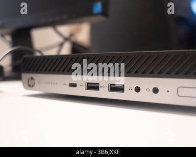 Cremona, Italy - April 12th 2025 Detailed View of HP EliteDesk 800 G4 Mini PC Ports and Connectors Showcasing USB Type-C USB 3.1 Audio and Headphone J Stock Photo