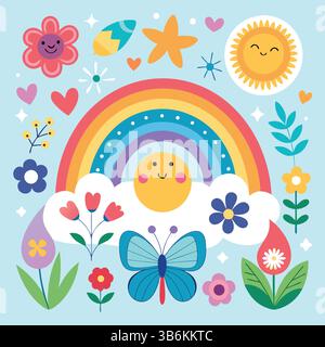 A bright and cheerful sticker illustration featuring a classic rainbow rendered in bold, vibrant stripes Stock Vector