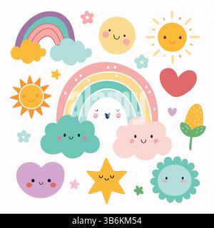 A delightful and whimsical sticker sheet showcasing a vibrant rainbow arching gracefully across a cheerful sky dotted with smiling suns Stock Vector