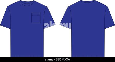 Plain Blue T-Shirt with Chest Pocket | Technical Fashion Illustration | Flat Apparel Template CAD | Front and Back Views Stock Vector
