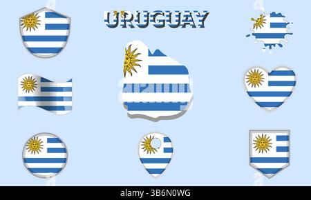 Collection of flags and coats of arms of Uruguay in flat style with map and text Stock Vector