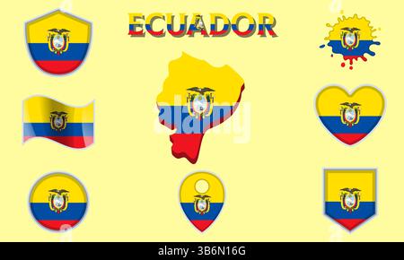 Collection of flags and coats of arms of Ecuador in flat style with map and text Stock Vector