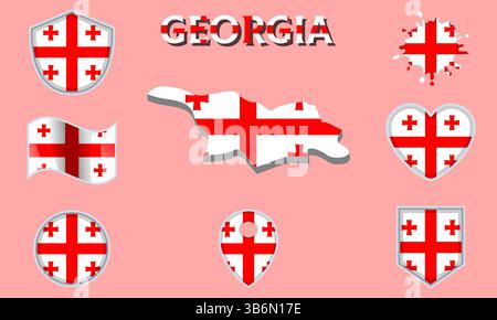 Collection of flags and coats of arms of Georgia in flat style with map and text Stock Vector