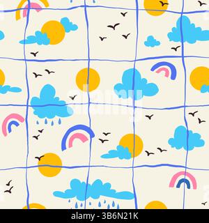 Cute Sky and Rainbow Doodles With Hand Drawn Grid. Whimsical weather seamless pattern. Blue clouds and suns on cream background. Kids art style Stock Vector