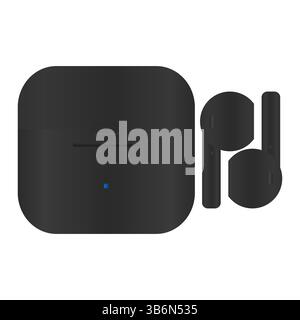 TWS Earbuds with Charging Case Black Vector. Icon True Wireless Stereo Black. TWS for Listening to Music. Stock Vector
