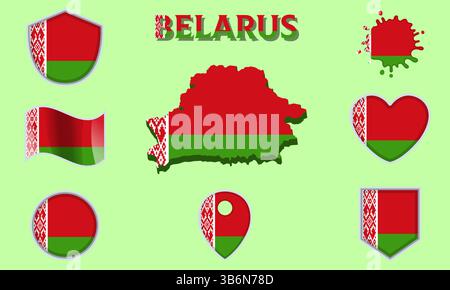 Collection of flags and coats of arms of Belarus in flat style with map and text Stock Vector