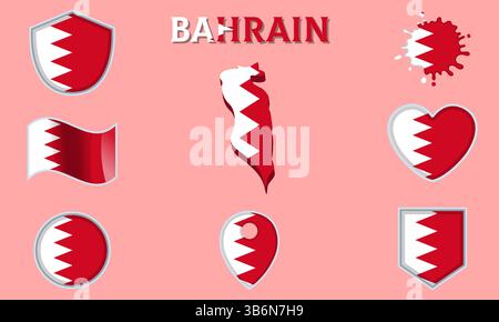 Collection of flags and coats of arms of Bahrain in flat style with map and text Stock Vector