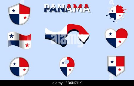 Collection of flags and coats of arms of Panama in flat style with map and text Stock Vector