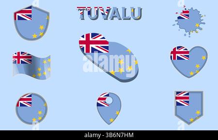 Collection of flags and coats of arms of Tuvalu in flat style with map and text Stock Vector