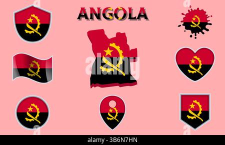 Collection of flags and coats of arms of Angola in flat style with map and text Stock Vector