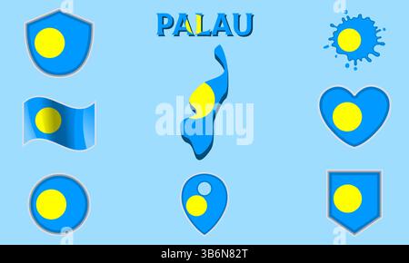 Collection of flags and coats of arms of Palau in flat style with map and text Stock Vector