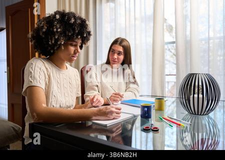 Female students taking notes and studying together at home Stock Photo