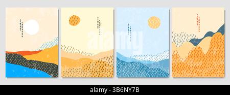 Vector illustration. Abstract vintage landscape set. Drawn hills, textured doodle memphis pattern. Design for poster, cover, flyer, layout, magazine Stock Vector