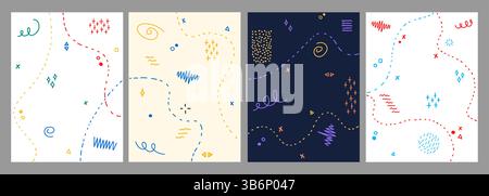 Vector illustration. Hand drawng memphis pattern elemetns and dotted lines. Doodle childish background. Design elements for cover, brochure, magazine Stock Vector
