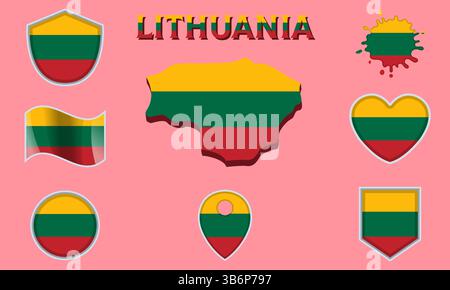 Collection of flags and coats of arms of Lithuania in flat style with map and text Stock Vector