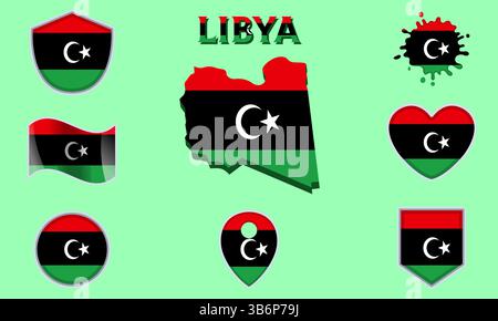 Collection of flags and coats of arms of Libya in flat style with map and text Stock Vector