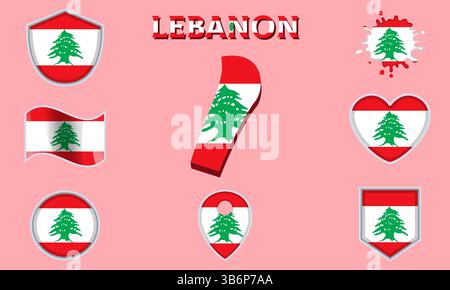 Collection of flags and coats of arms of Lebanon in flat style with map and text Stock Vector
