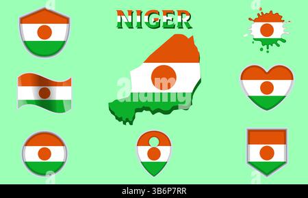 Collection of flags and coats of arms of Niger in flat style with map and text Stock Vector