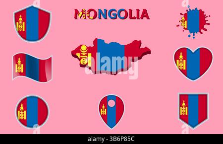 Collection of flags and coats of arms of Mongolia in flat style with map and text Stock Vector