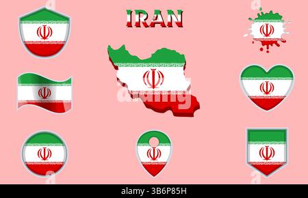 Collection of flags and coats of arms of Iran in flat style with map and text Stock Vector
