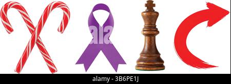 Four distinct objects arranged on a white background. Two candy canes, a purple ribbon, a wooden chess king, and a red arrow Stock Vector