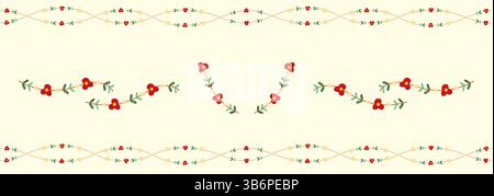 Red floral border vector with delicate vine design, seamless pattern for invitations, wedding cards, and decorative elements in vintage style. Stock Vector