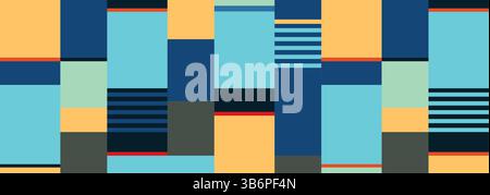 A vibrant and abstract Mid-Century Modern seamless pattern featuring a bold arrangement of rectangular shapes.The geometric composition. Stock Vector