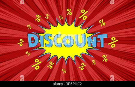 Vector red advertising banner with text discount in pop art comics style Stock Vector