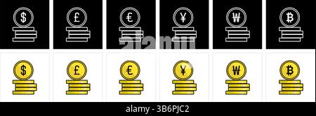 Stacks of coins featuring various currency symbols: Dollar, Pound, Euro, Yen, Won, and Bitcoin. Stock Vector