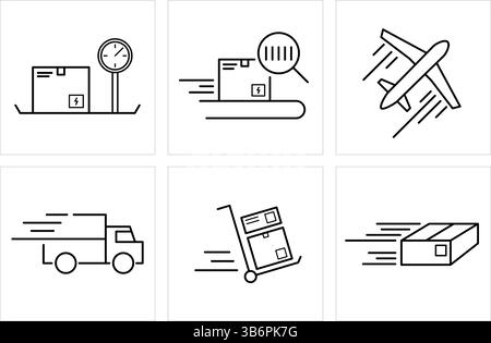 Shipping and delivery icons depicting weighing, scanning, air freight, truck delivery, trolley, and fast shipping. Stock Vector