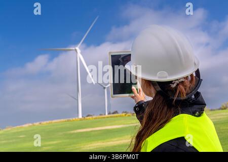 Female engineer using tablet analyzing wind turbines in green field Stock Photo