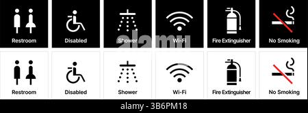 Modern vector pictogram icons for restroom, men, women, disabled access, stairs, wi-fi, cctv, elevator, and no smoking signs. Stock Vector