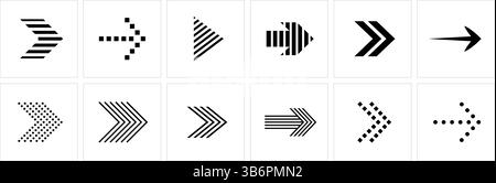 A diverse collection of twelve distinct arrow icons, presented in a grid format. Stock Vector